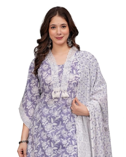 LAVANA Women's Pure Cotton Printed Straight Kurta Set with Palazzo Pants & Dupatta- Ethnic Wear, Purple