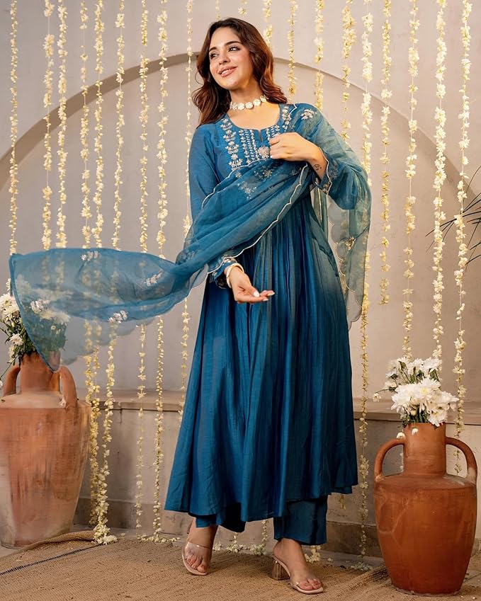 Nermosa Women Embroidery Solid A-Line Kurta and Pant Set with Dupatta