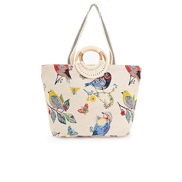 Boho Girl Feathered Fantasy Tote for Women – Embroidered Bird and Floral Canvas Bag with Butterfly Design – Unique Everyday Handbag with Round Cane Handles & Spacious Interior