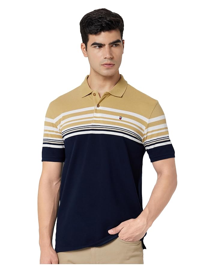 Louis Philippe Men's Slim Fit Striper Design Aesthetic Solid Pique Half Sleeve Polo Tshirt with Stretch