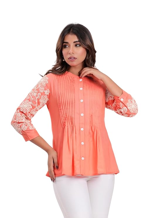 Rimika's Peach Premium Rayon Embroidered top, Regular Fit with 3/4th Sleeves, Mandarin Collar, Front Button, Perfect for Casual, Formal, and Ethnic Wear