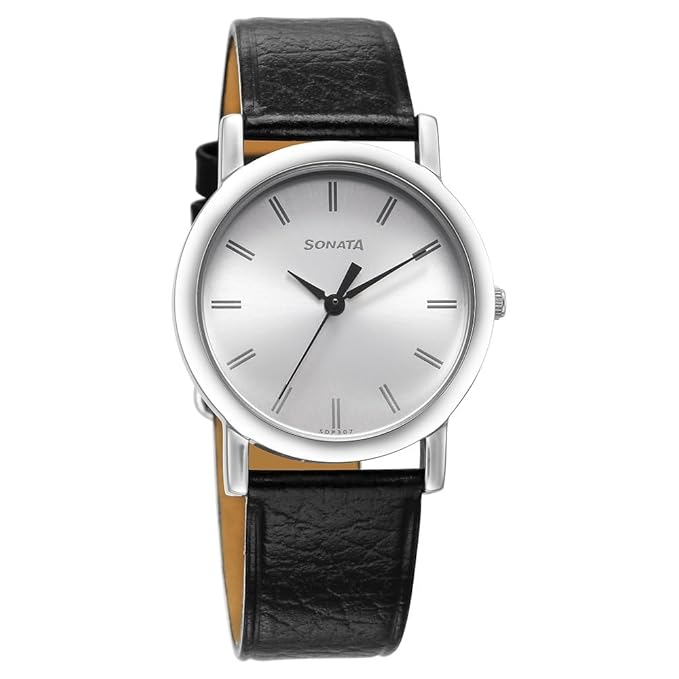 Sonata Classic Quartz Analog Silver Dial Black Leather Strap Watch for Men-NS7987SL06W/NT7987SL06W