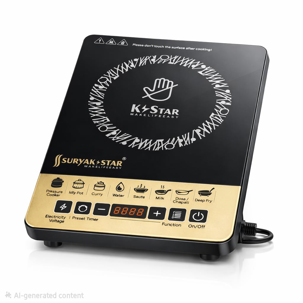 SURYA 2000W Induction Cooktop for Home | Crystal Glass Top | 8 Indian Cooking Modes | Auto Shut-Off & Overheat Protection | LED Display | Push Button Control | Energy Saving Electric Stove | Black