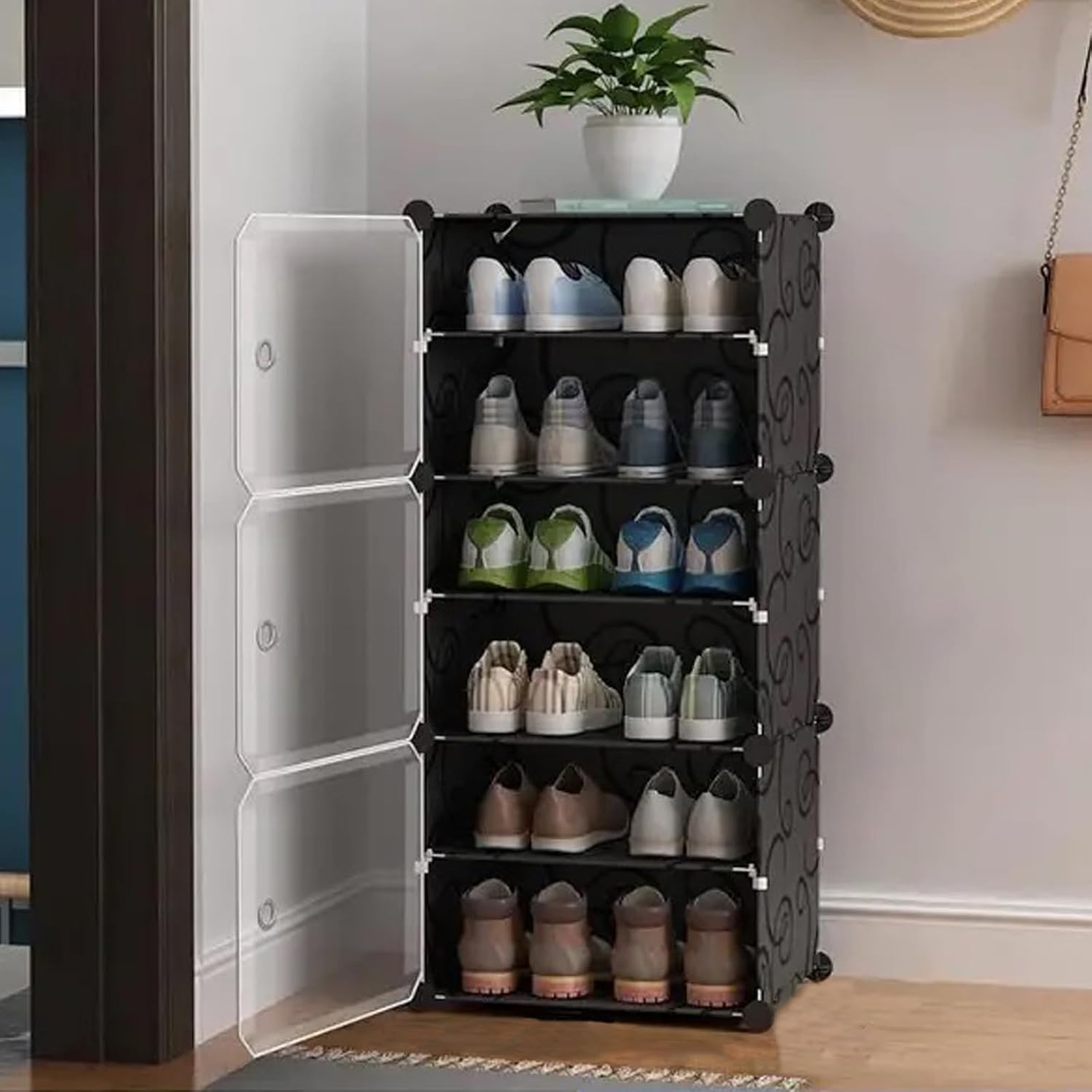AYSIS Premium Modular Plastic Shoe Rack for Home with Door | 𝟔-𝐓𝐢𝐞𝐫 Stackable Shoe Organizer | Waterproof & Dustproof | Space Saving Storage for Home, Bedroom & Entryway【Black, 6-Shelf-3-Door】