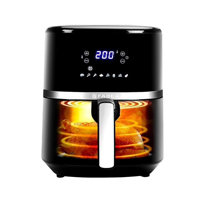 Faber 6L 1500W Digital Air Fryer | Fry, Bake, Roast, Toast, Defrost, Grill & Reheat | 85% Less Oil, 360° Air Cooking | 8-Preset Menu, LED Display & Touch Control, Non-Stick Pan, View Window | (Black)