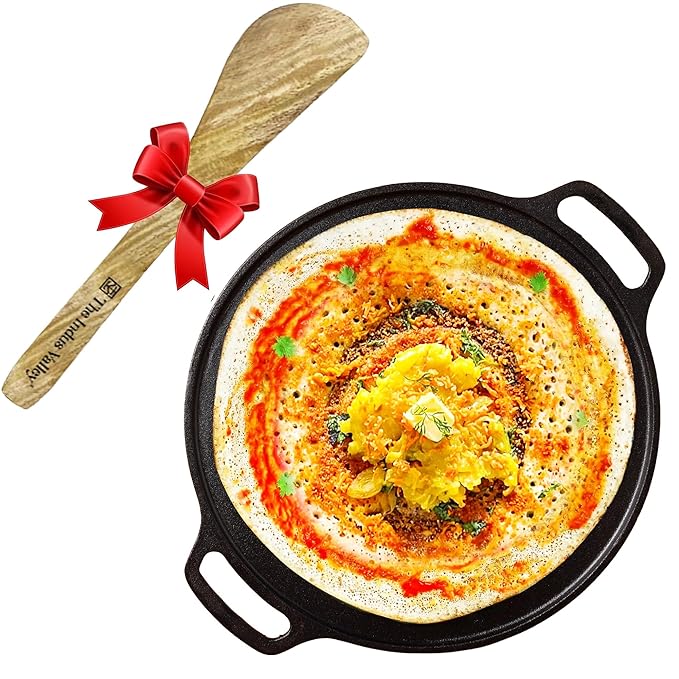 The Indus Valley Pre-seasoned Cast Iron Tawa with Free Wooden Spatula for Dosa/Chapathi | 30.2cm/11.8 inch, 2.4kg | Induction friendly | Naturally Nonstick, 100% Pure & Toxin-free, No Chemical Coating