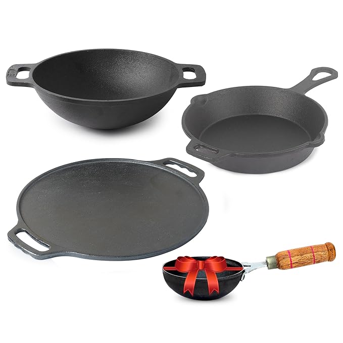 The Indus Valley Pre-Seasoned Cast Iron Cookware Set+ Free Tadka Pan|Tawa (30.5 Cm)+ Kadai (25.4 Cm/2.3L)+ Fry Pan (23 Cm/1.4L)|Kitchen Cooking Combo Pots & Pans Set of 4Pcs|Naturally Nonstick Black