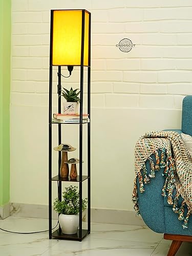 Crosscut Furniture Wood Tower Floor Lamp with Printed Shade (Fresh Yellow), Led