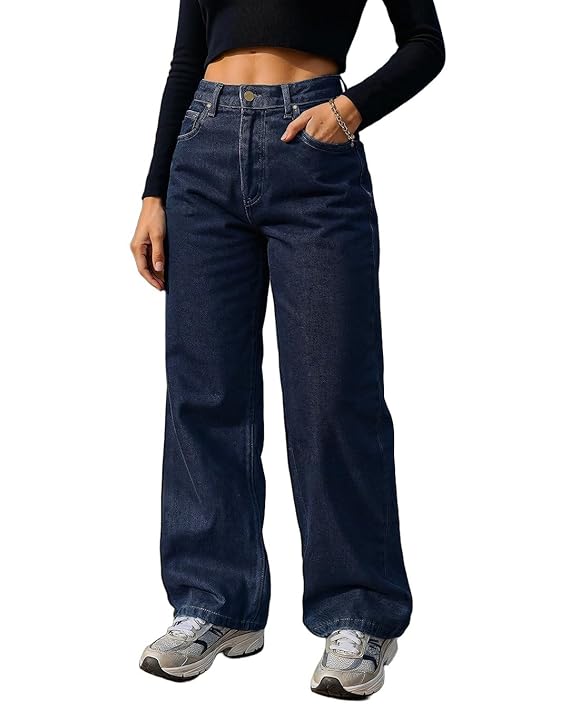 Bewakoof Women's 100% Cotton Straight Fit Jeans | Jeans for Woman | Pants for Woman | Classic Denim Pants | Everyday Casual | Utility Streetwear | Lightweight & Flexible | Straight Pants for Women