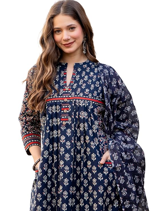 Amayra Women's Pure Cotton Printed A-Line Kurta Set with Palazzo Pants & Dupatta- Ethnic Wear