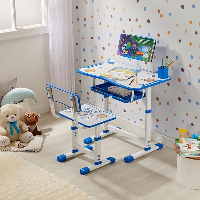 Amazon Brand - Supples Study Table for Kids | Suitable for 3-12 Years | Kids Study Table with Height Adjustable Table & Chair, Book Storage & Pen Holder | Blue | Astronaut Print