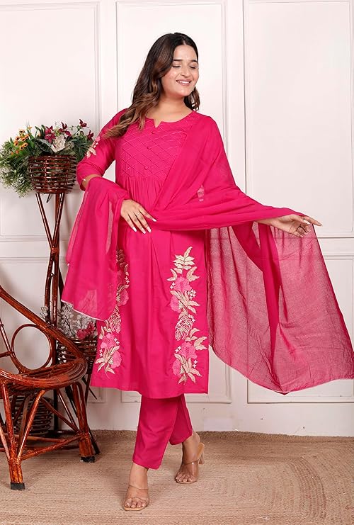 PRITI COLLECTION MARKETWomen's Cotton Embroidered Straight Kurti With Pant and Dupatta Set (Pink-L)