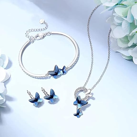 Shining Diva Valentine Gift Girlfriend Wife Italian Designer Platinum Plated Crystal Butterfly Earrings Chain Pendant Necklace Combo Jewellery Set for Women and Girls (Blue) (14603s)