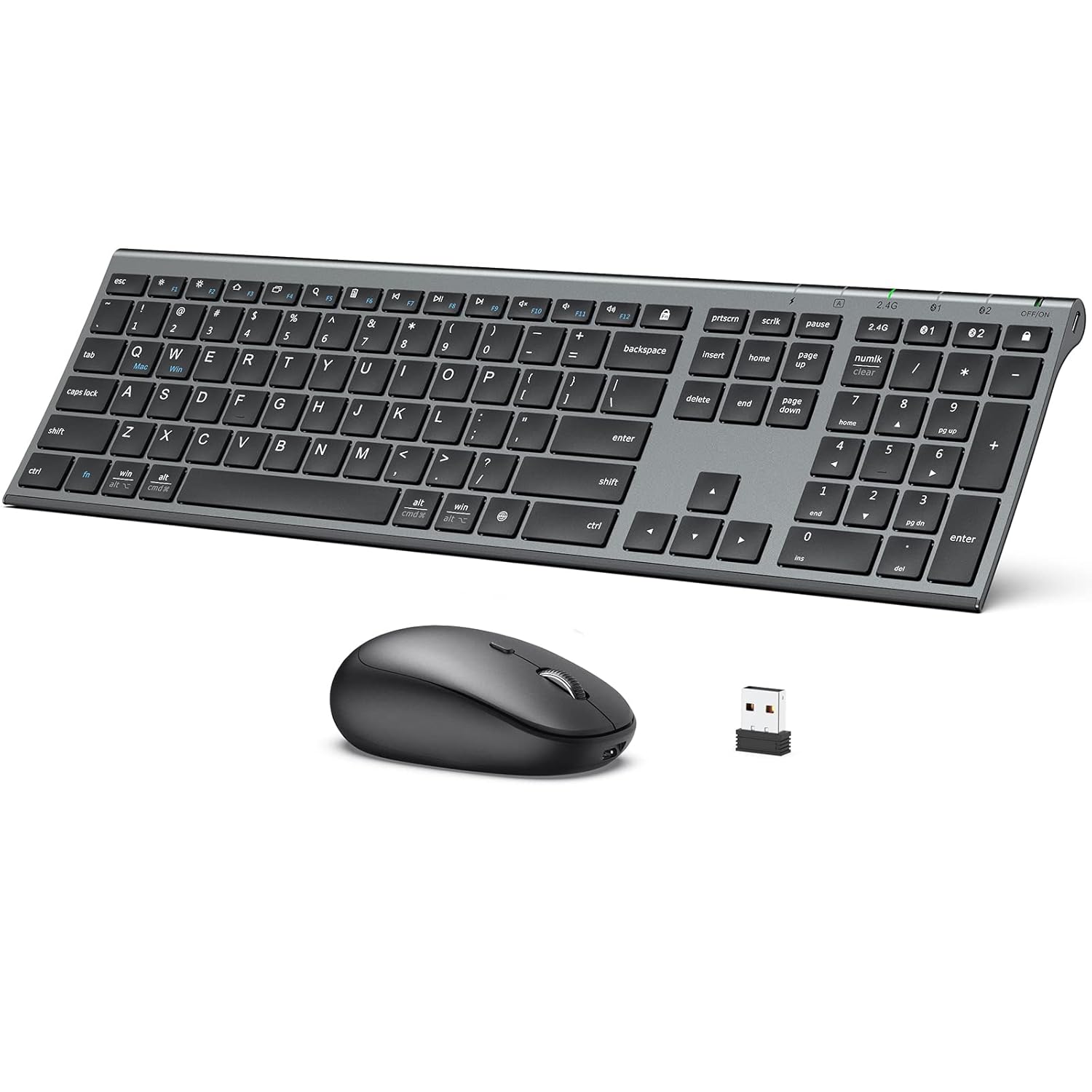 iClever Wireless Keyboard and Mouse DK03, Rechargeable Dual-Mode (Bluetooth+2.4G) Bluetooth Keyboard and Mouse Set, Ultra-Slim Multi-Device Keyboard for Mac, iPad, Apple, Android, Windows, Grey