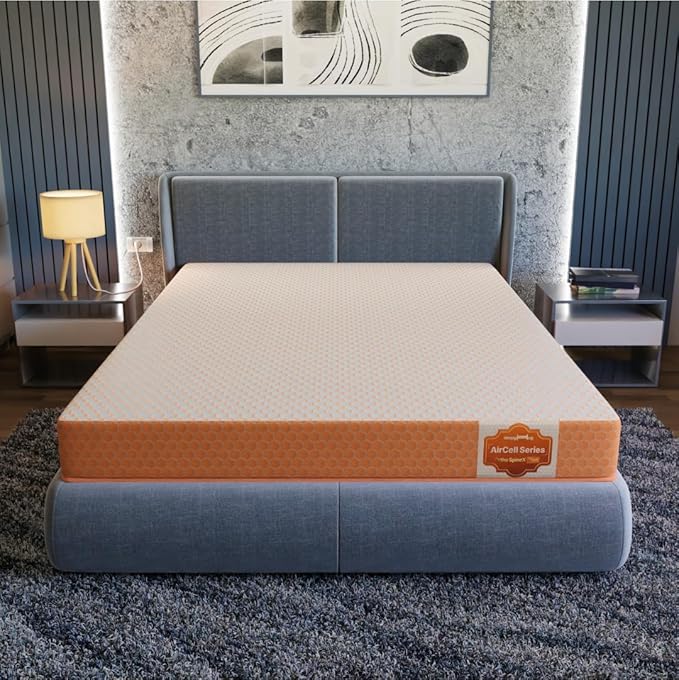 SleepyHug AirCell Ortho Spinex Plus 5 inch HR Foam Mattress | 3 Zones Support |5 Years Warranty | Back Pain Relief |Spine Alignment | Single Bed Size White & Orange (LxWxH -72x36x5 Inch)