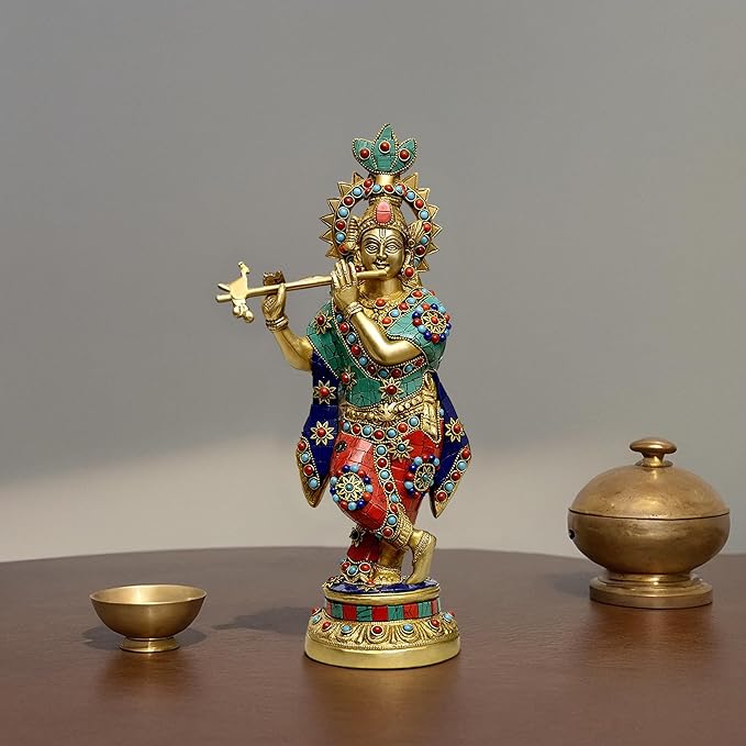 Amazon Brand - Umi Brass Krishna Idol Statue Krishna Murti On Base for Home Decor Temple Mandir | Height : 16 Inches