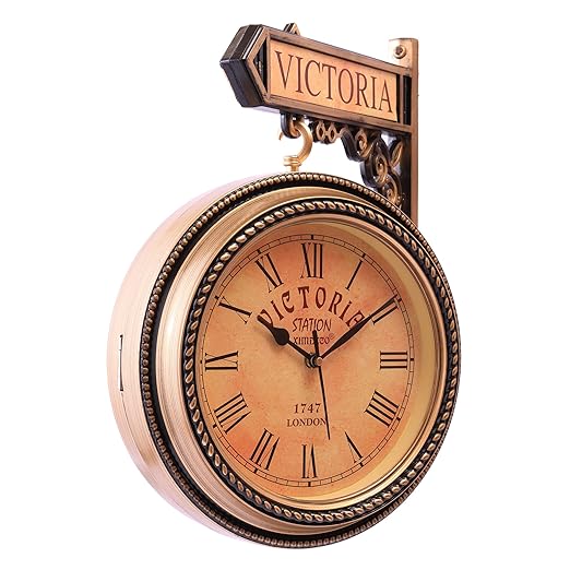 Golden Plastic Wooden Pattern Replica Dual Side Victoria Station Analog Wall Clock Hanging Style Platform Railway Clock Home Decor (Golden) (Length 33 cm, Width 10 cm)