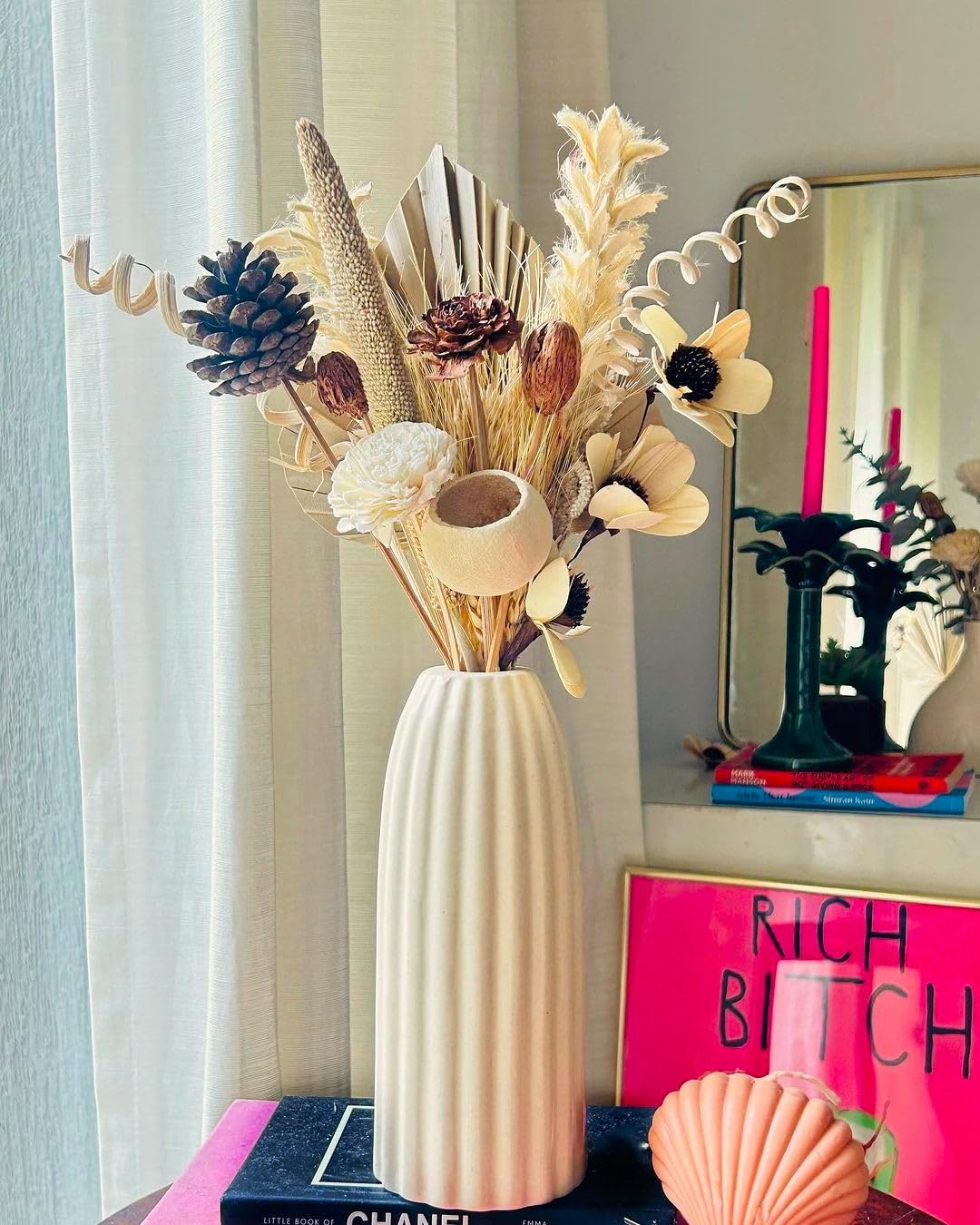 Bliss Hohm Ripped Ceramic Flower Vase for Home Decor and Gifting, Ribbed Decorative Vase for Living Room, Pampas Grass Vases, Bottle Shape Off-White Long Vases Centerpiece, Striped Pot (8.5 Inches)