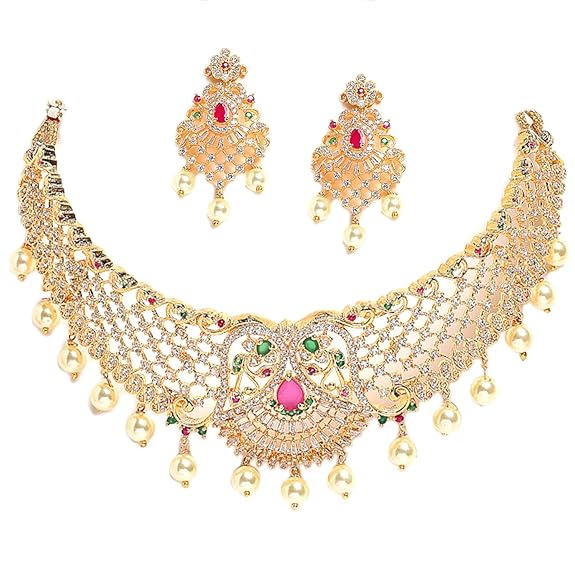 Zenem Gold Plated White & Red American Diamond Studded With Drop Pearl Beaded Jewellery Set For Women & Girl