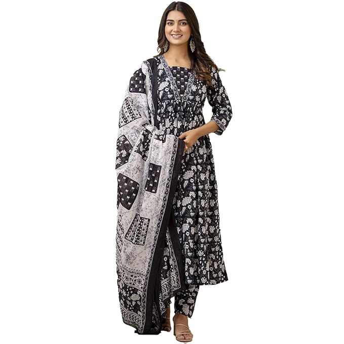 SHIENZY Women Cotton Blend Printed Kurta Set with Dupatta | Floral Printed Kurta Set | Traditional for Women Casual Office Wear