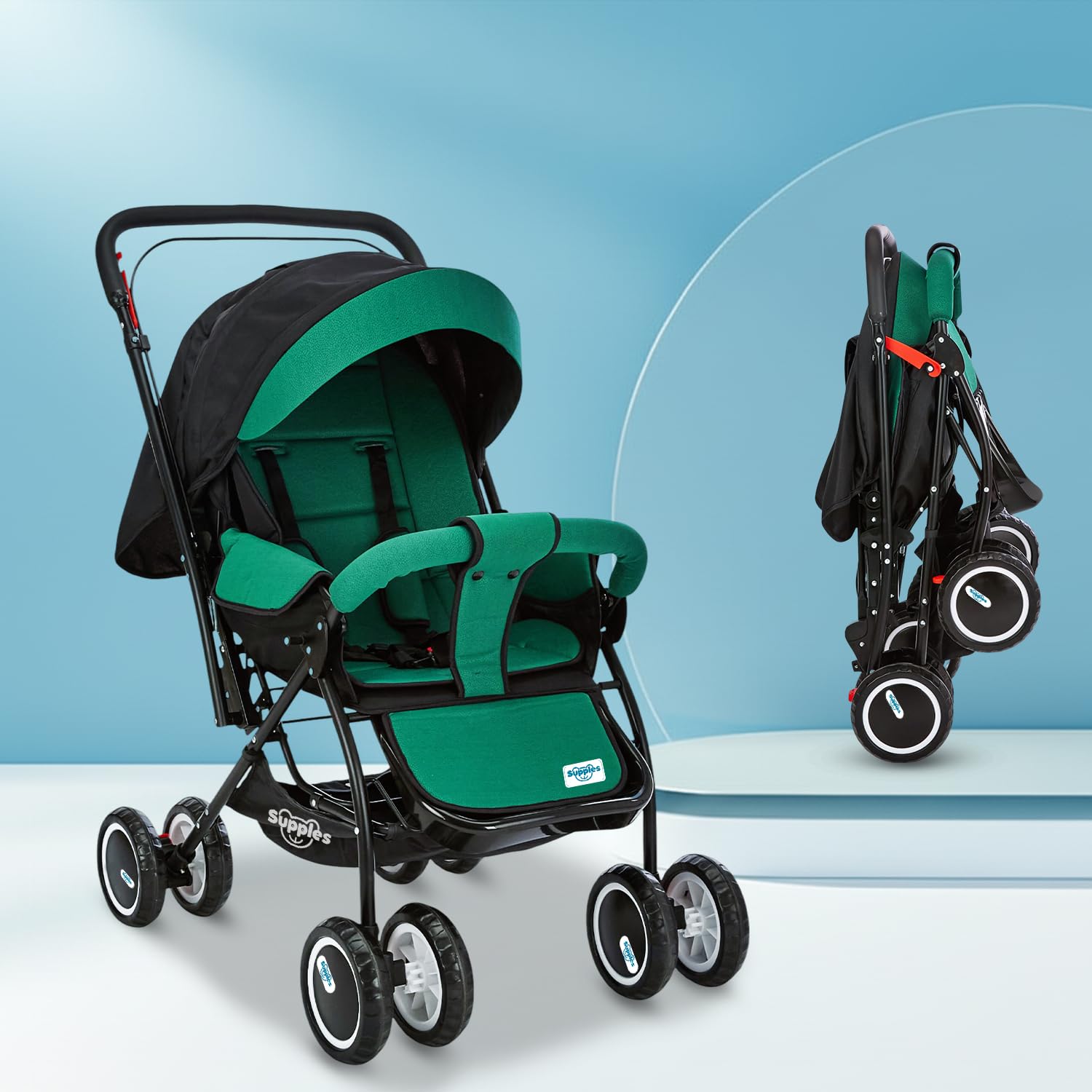 Amazon Brand – Supples Baby Stroller/Pram for Newborns & Toddlers (0–3 Years) | Foldable, 5-Point Safety Harness, Reclining Seat, Storage Basket, Adjustable Backrest, 360° Wheels | Green & Black Visit the Supples Store
