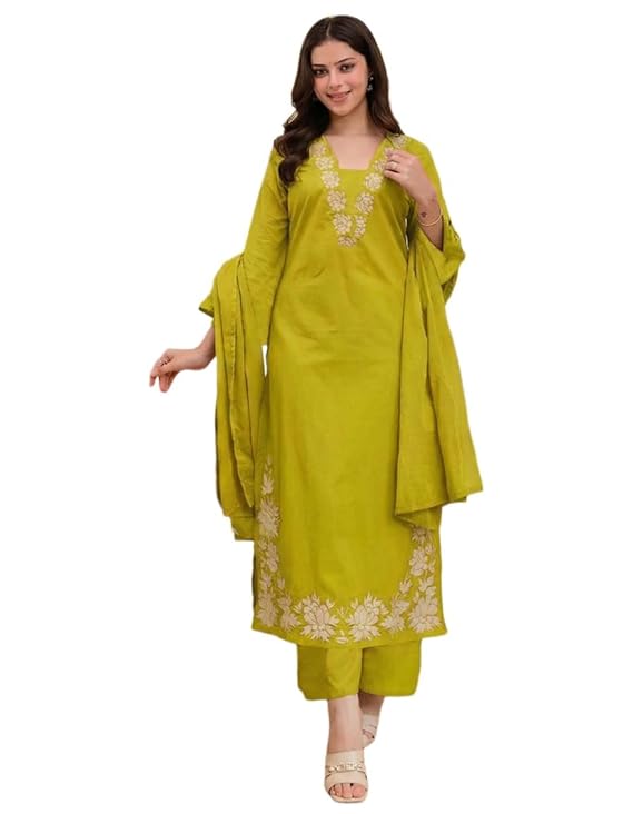 ANNI Designer Pure Cotton Embroidered Kurta Set for Women | Rust Orange Kurta with Pants & Dupatta | Floral Neck & Hem Embroidery | Cotton Kurta Set for Women | 10 Colour Options Available