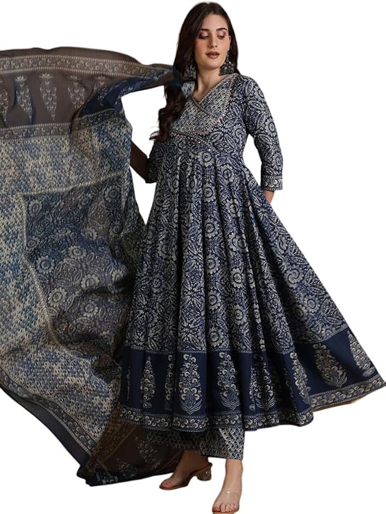 MEERA FAB Women Floral Printed Pure Cotton Anarkali Kurta with Palazzos & Dupatta
