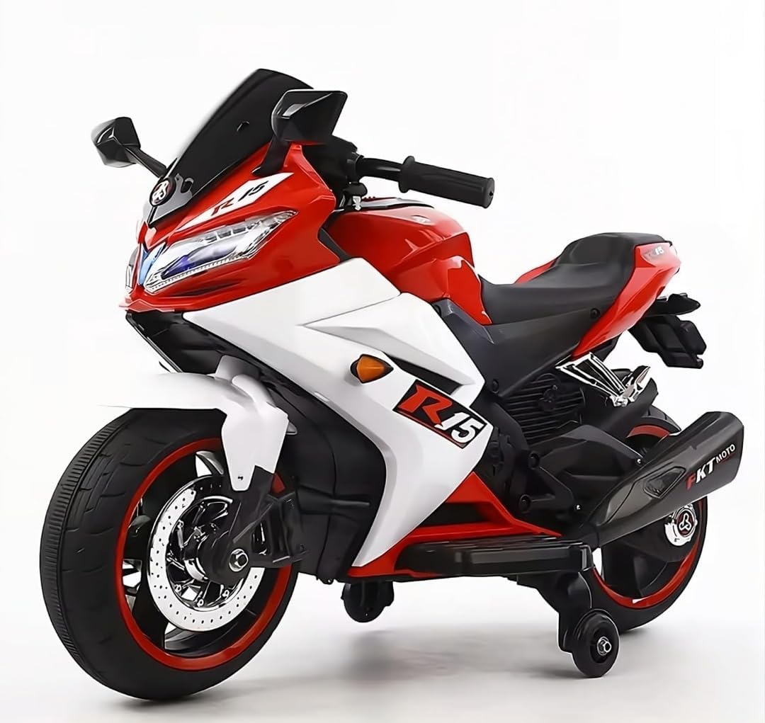 R15 Battery Operated Rechargeable Ride On Electric Sports Bike for Kids, 1 to 7 Years, White & Red
