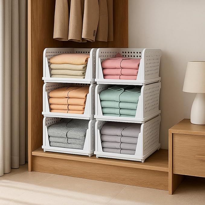 JD FRESH 6 Pieces Stackable Wardrobe Organizer for Storage/Foldable Cupboard Storage for Clothes/Polypropylene Multipurpose Space Organizer Rack/Adjustable Sliding Drawer - White