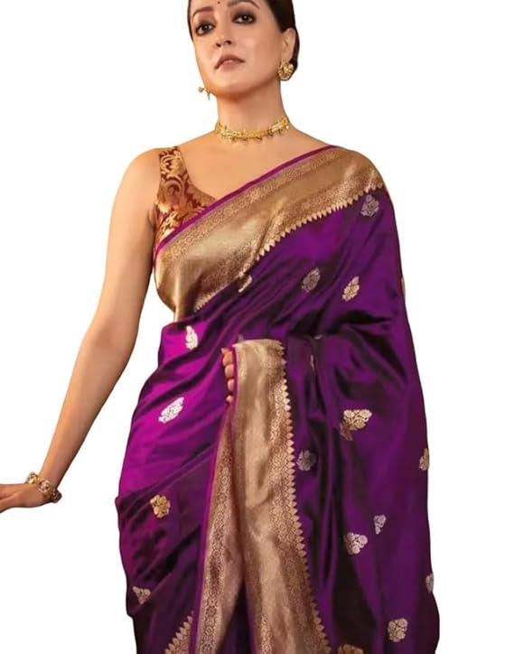 SIRIL Women's Kanjivaram Silk Saree Jacquard Banarasi Sari With Blouse Piece For Wedding