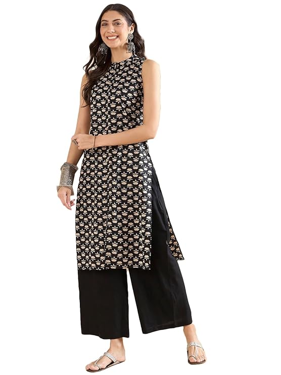 miss fame Women's Sleeveless Printed Cotton Kurta with Palazzo - (Brown)