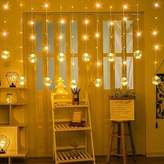 One94Store 12 Wish Ball Curtain LED String Lights – Pack of 1, 3 Meter Warm White Curtain Light with 108 LEDs & 8 Flash Modes for Window, Room, Diwali & Festival Decoration