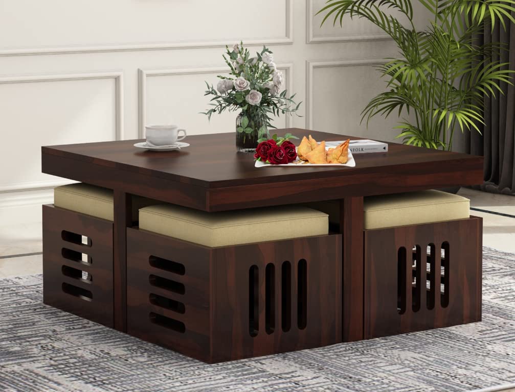 WOODY Furniture™ Coffee Table with 4 Stools | Sheesham Wood Coffee Table for Living Room | Wooden Center Teapoy Table (Walnut Finish)