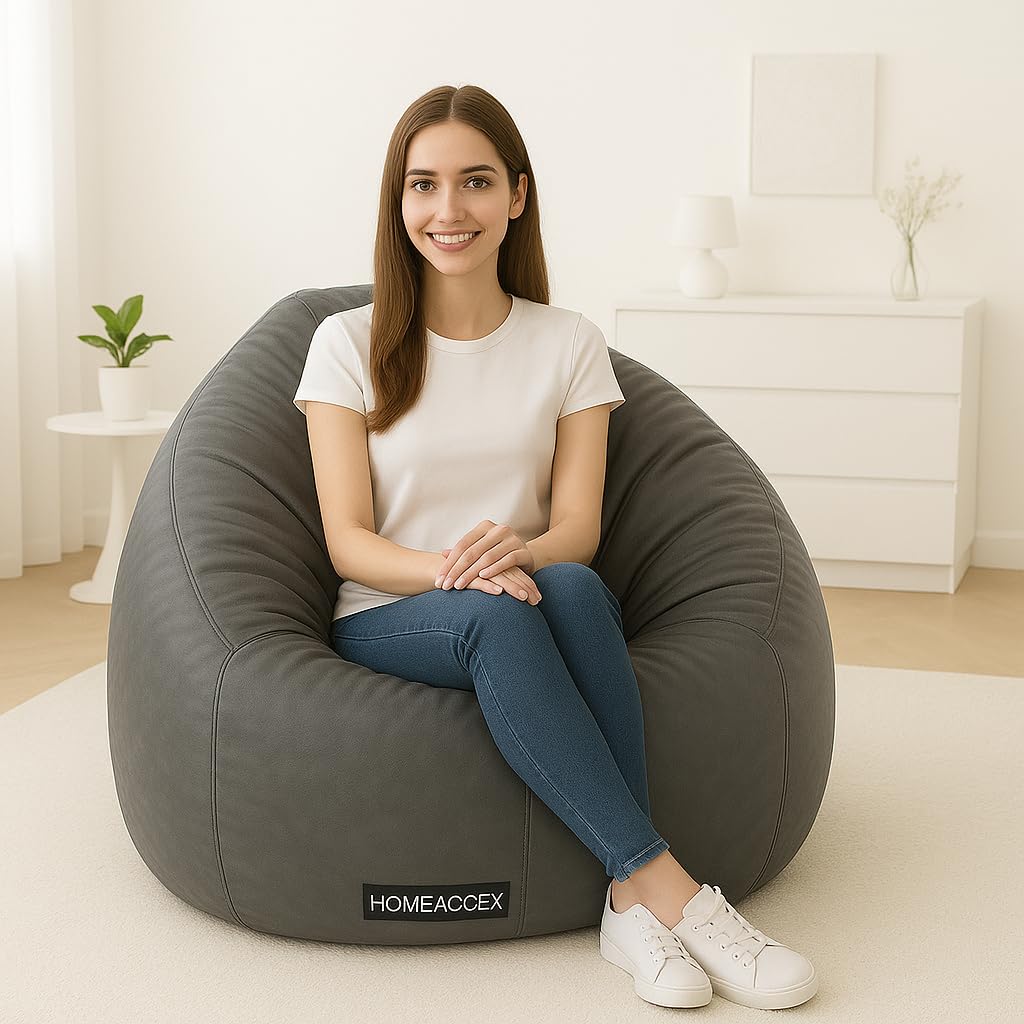 Faux Leather Bean Bag with Filled Beans XL Bean Bag Chair | Capacity Upto 65 Kg Weight | XL Filled Bean Bag,Grey
