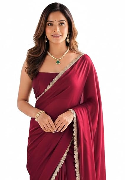 SHOPAZ Ready To Wear Saree For Women Maroon Red Georgette Readymade Stitched Scalloped Border With Unstitched Blouse