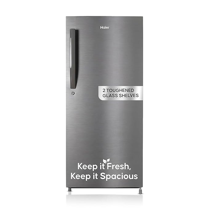 Haier 190L 5 Star Direct Cool Single Door Refrigerator | 3 Toughened Glass Shelves | Fast Ice Making in Just 60 minutes | Large Veg Box| Easy Clean Back (HED-205DS-P, Dazzle Steel)