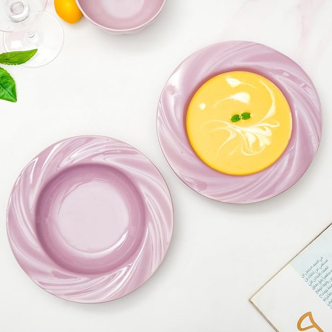 Nestasia Ceramic Pasta Plates Set of 2 (300ml Each) | Microwave & Dishwasher Safe Serving Plate with Flared Rim Whirlwind Design - Ideal for Serving Pasta, Maggie & Noodles (Mauve)