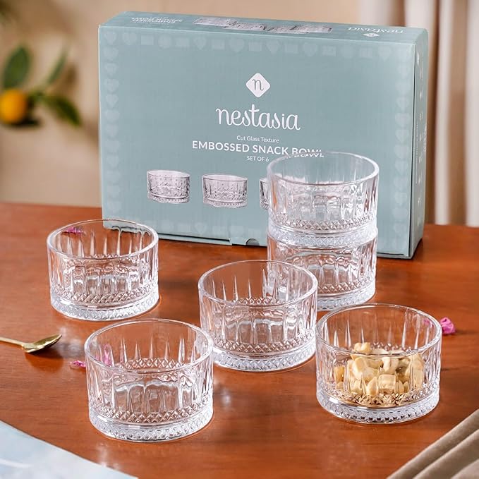 Nestasia Ribbed Glass Dessert Bowls Set of 6 (220ml Each) - Transparent Katori for Ice Cream | Microwave Safe Snack Bowls with Gift Box - Perfect for Gifting