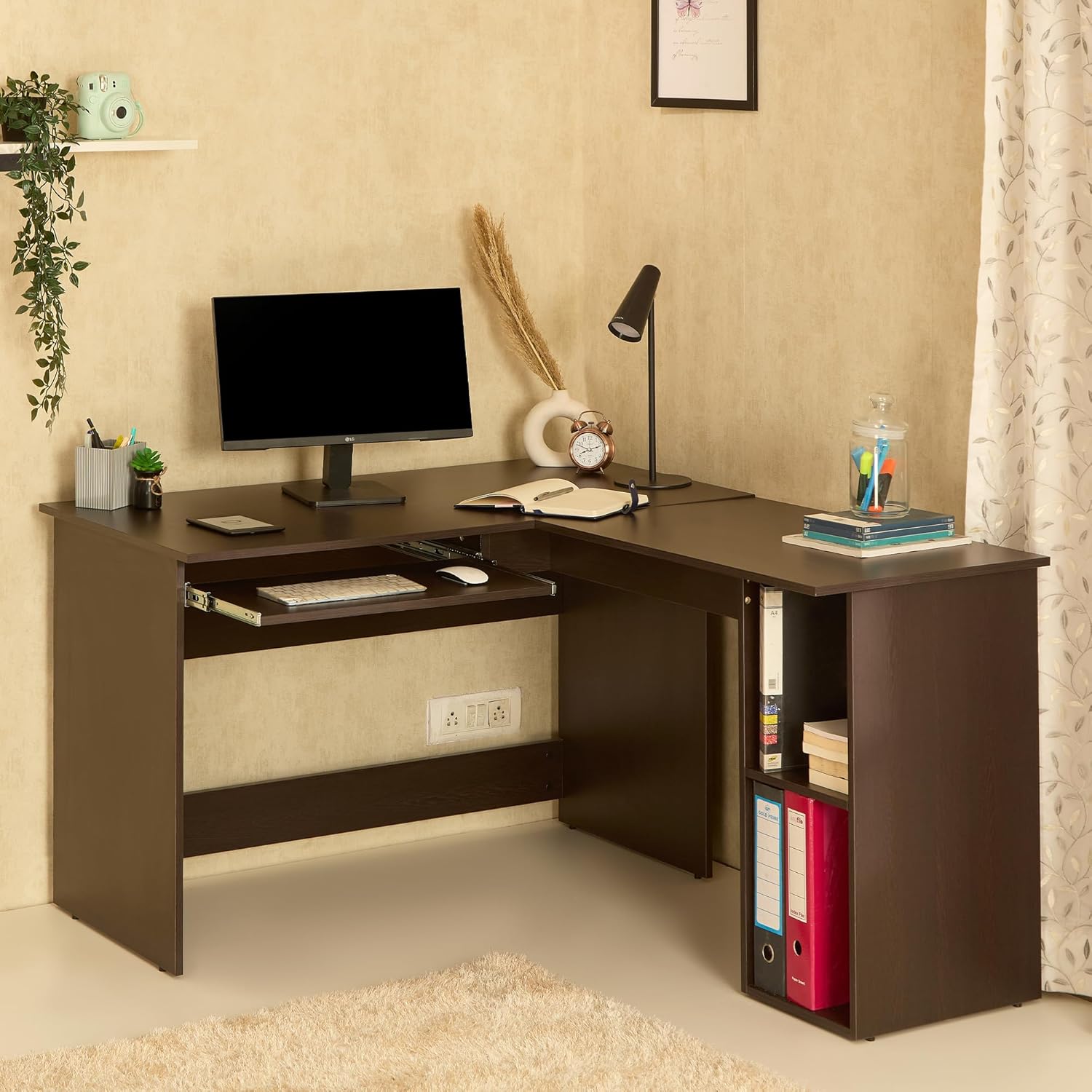 Green Soul Brixton L-Shape Computer Table for Home PC, Keyboard Tray, 2 Storage Shelves, IS-3087 Engineered Wood, Expansive Tabletop, Wenge, 3 Year Warranty