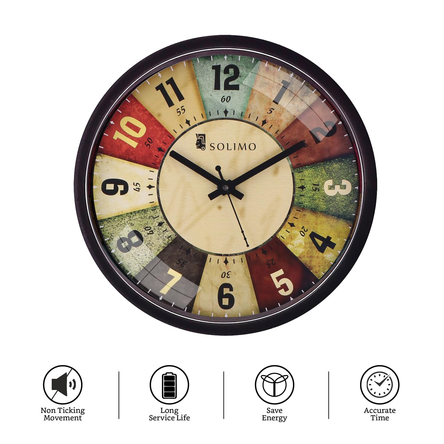Amazon Brand - Solimo 12-inch Plastic & Glass Analog Wall Clock - Classic Roulette (Silent Movement, Black Frame)