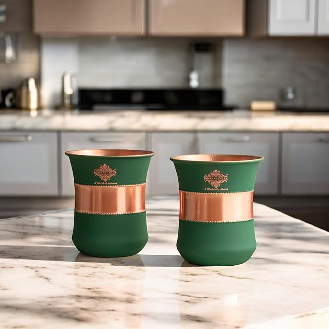 INDIAN ART VILLA Copper Half Silk Finish Green Glass – 275 ML, Elegant Copper Drinkware & Serveware, Ideal for Daily Use and Gifting Option for Festivals and Special Occasions, Set of 2