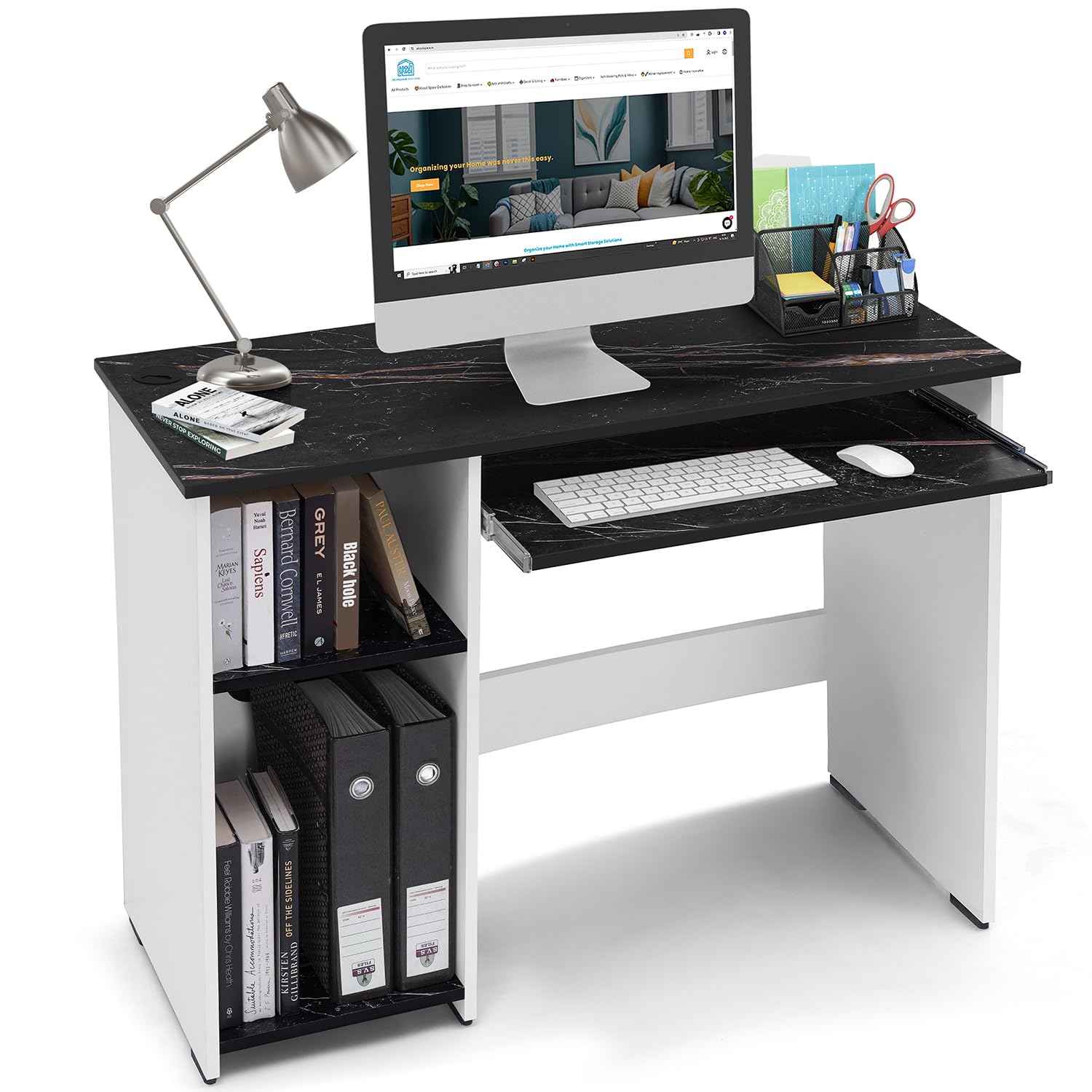 ABOUT SPACE Computer Table for Home - Study Table for Students, Adults Work Table for Home Office with Keyboard Tray,Adjustable Storage Space & Wire Holes (Black Marble&White - L 103 x B 43 x H 75 cm)