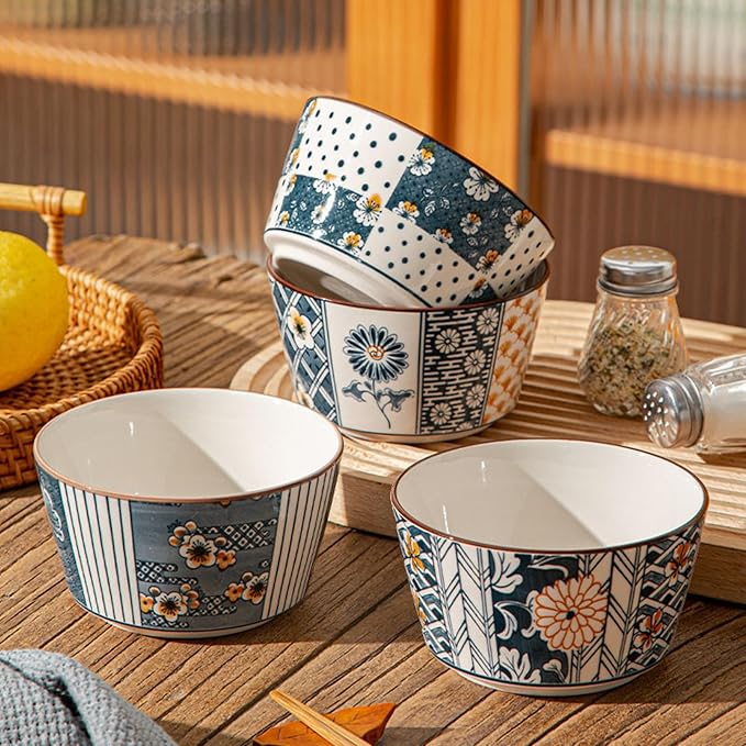 Japanese Style Ceramic Snack Bowls-400ml, Handcrafted Floral & Geometric Patterns, Set of 4, (Random)