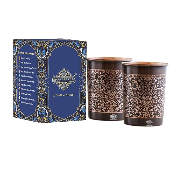 INDIAN ART VILLA Copper Dark Embossed Design Glass – 275 ML, Ayurvedic Copper Drinkware for Daily Use, Elegant Handcrafted Water Glass for Home, Office, and Gifting, Set of 2
