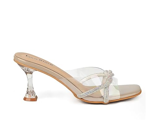 LOUIS STITCH Women’s Slip-On Transparent Pointed Heel Sandals | Open Toe Beige Stylish Stiletto Heel Sandal for Ladies, Fashionable Sandals | LSOF-LDPH-SLGSBG