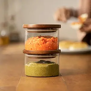 Ellementry Glass Storage Jars With Wooden Lid - Set of 2, Multipurpose Containers For Chutney, Spices, Pickles & Kitchen Storage, Serveware For Dining Table & Pantry Organization,Clear