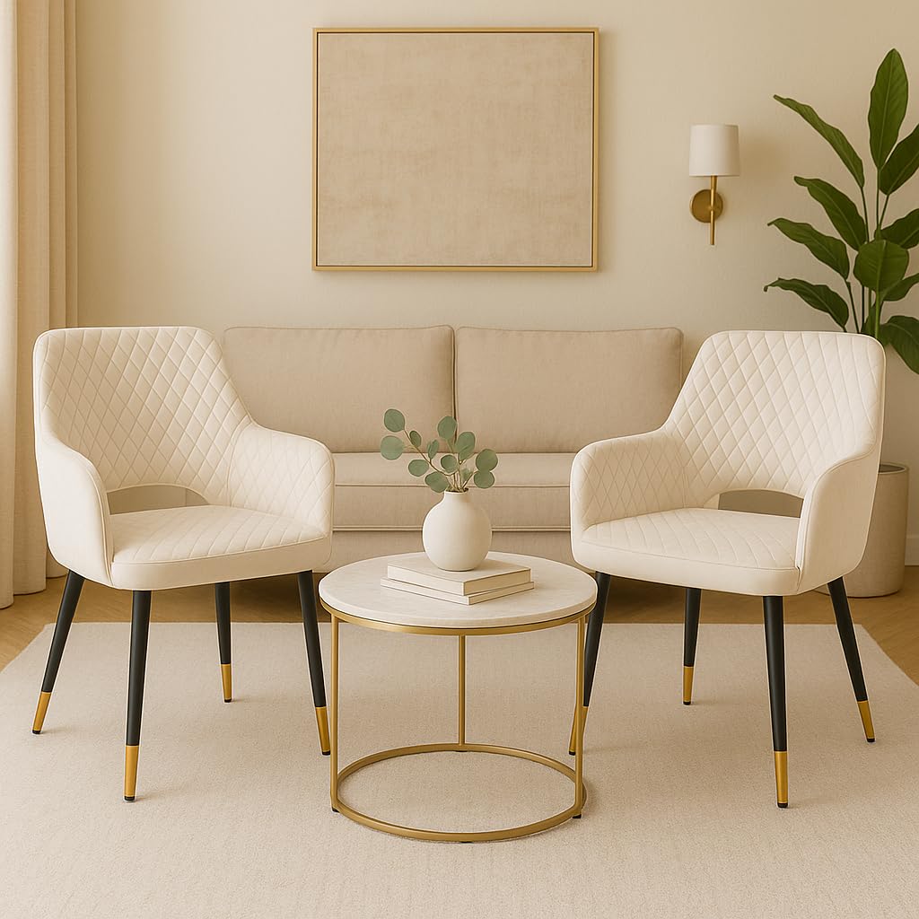 Nova Accent Chair – Modern Velvet Upholstered Dining Chair with Armrest, Padded Seat & Metal Legs – Comfortable Mid-Century Side Chair for Living Room, Bedroom, Office (2, Beige)