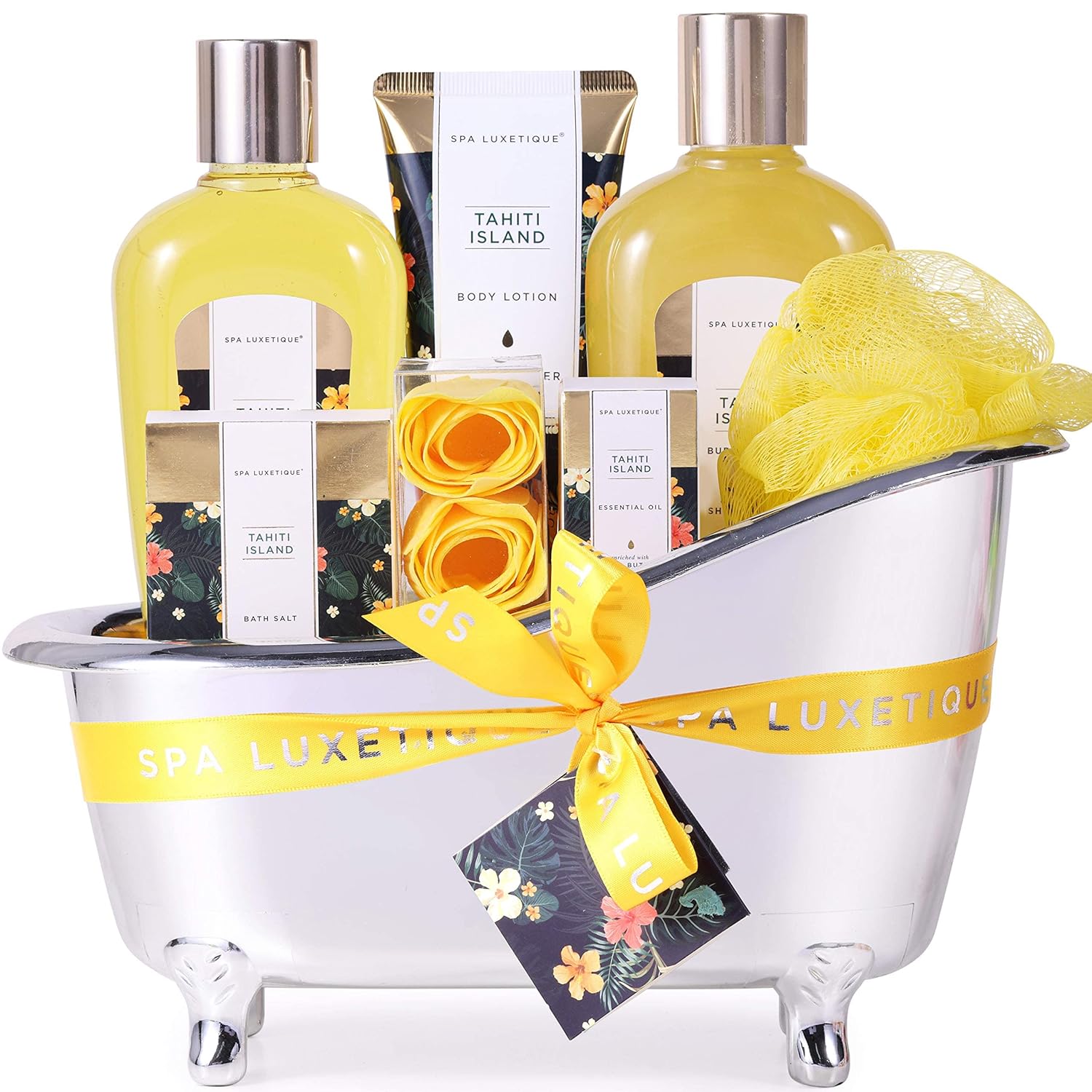 Body&Earth Spa Luxetique Tahiti Island Gift Basket - Luxurious 8Pc Set for Women With Cute Tub Holder, Shower Gel, Bubble Bath, Bath Salts & More