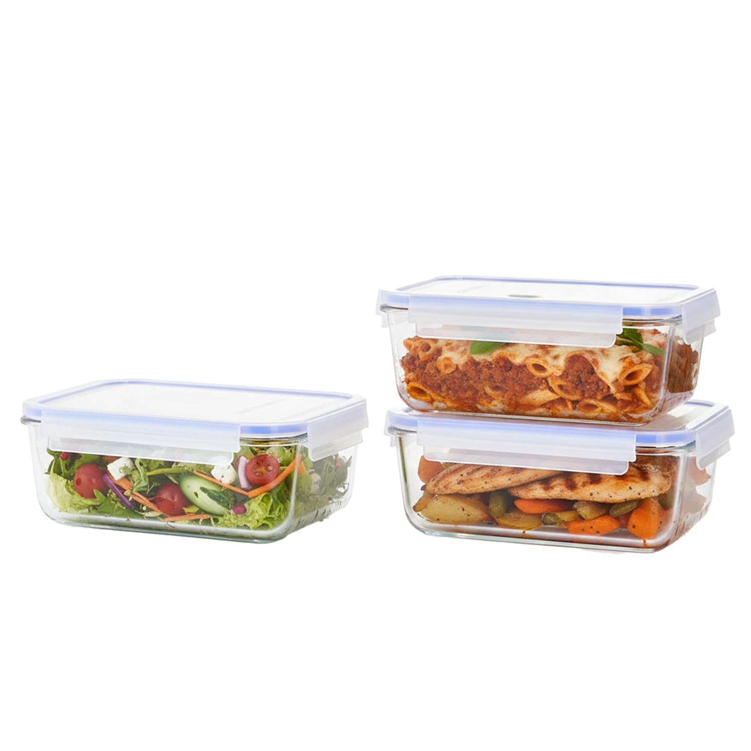 Amazon Brand - Solimo Rectangular Glass Food Storage Container, 1900 ml - Set of 3, Airtight, Microwave & Freezer Safe, Transparent