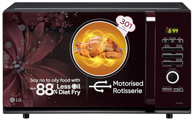 LG 32 L Convection Microwave Oven (MC3286BRUM, Black, 360° Motorised Rotisserie for Bar-be-queing, 301 Auto Cook Menu, Stainless steel cavity, Indian Cuisine, Tandoor Se, Steam Clean & Diet Fry)